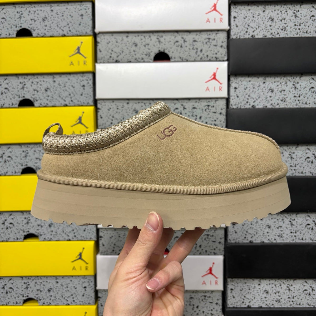 UGG Tazz Platform Slipper – Suede Mule with Shearling Lining, Metallic Braided Collar Trim & Chunky Sugar Sole Platform in Sand