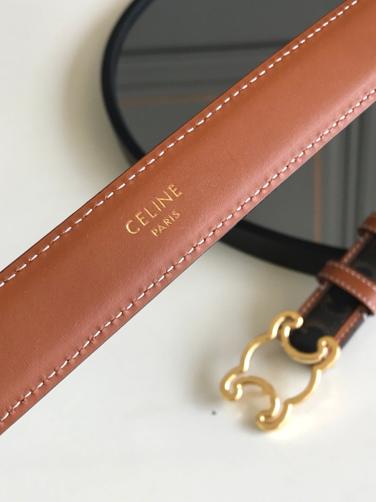 CELINE 25S BELT TRIOMPHE 25MM IN BROWN CALFSKIN AND CANVAS 559678
