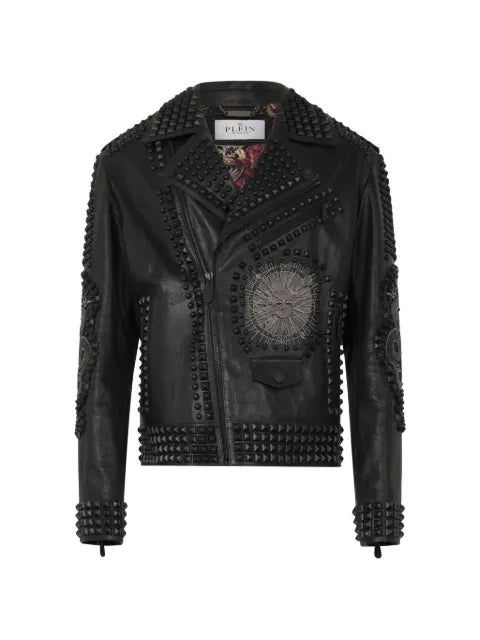 Philipp Plein studs embroidered leather biker jacket
