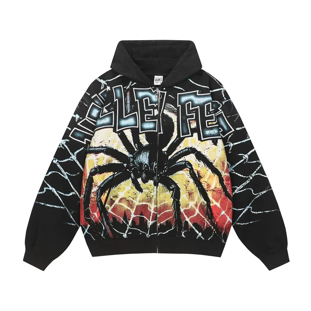 Vale Forever Spider Web All-Over Print Zip Hoodie — Black