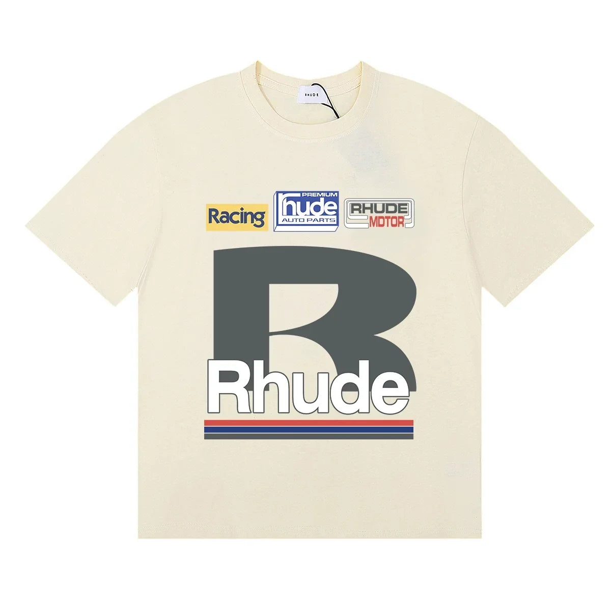 Rhude Big B Letter Racing Badge Patch‑Style Cream Oversized T‑Shirt