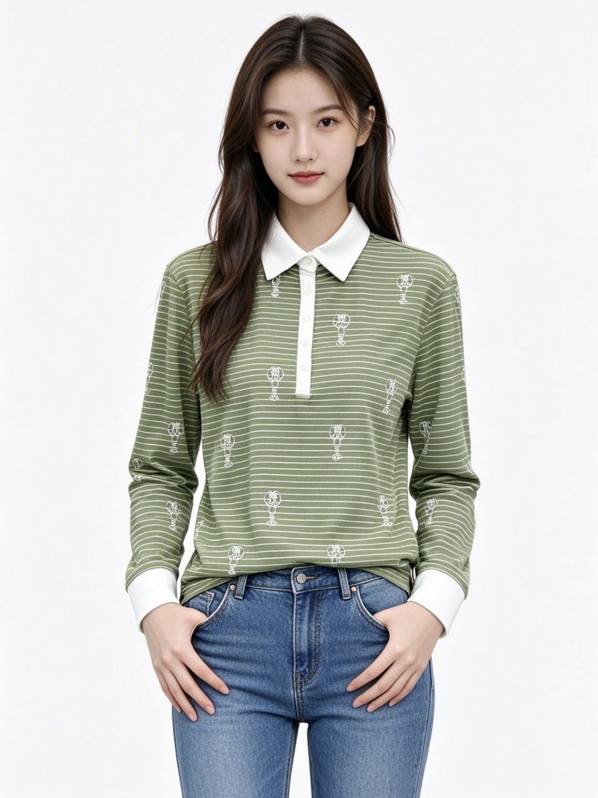 Thom Browne Style Balloon-Embroidered Striped Long-Sleeve Polo