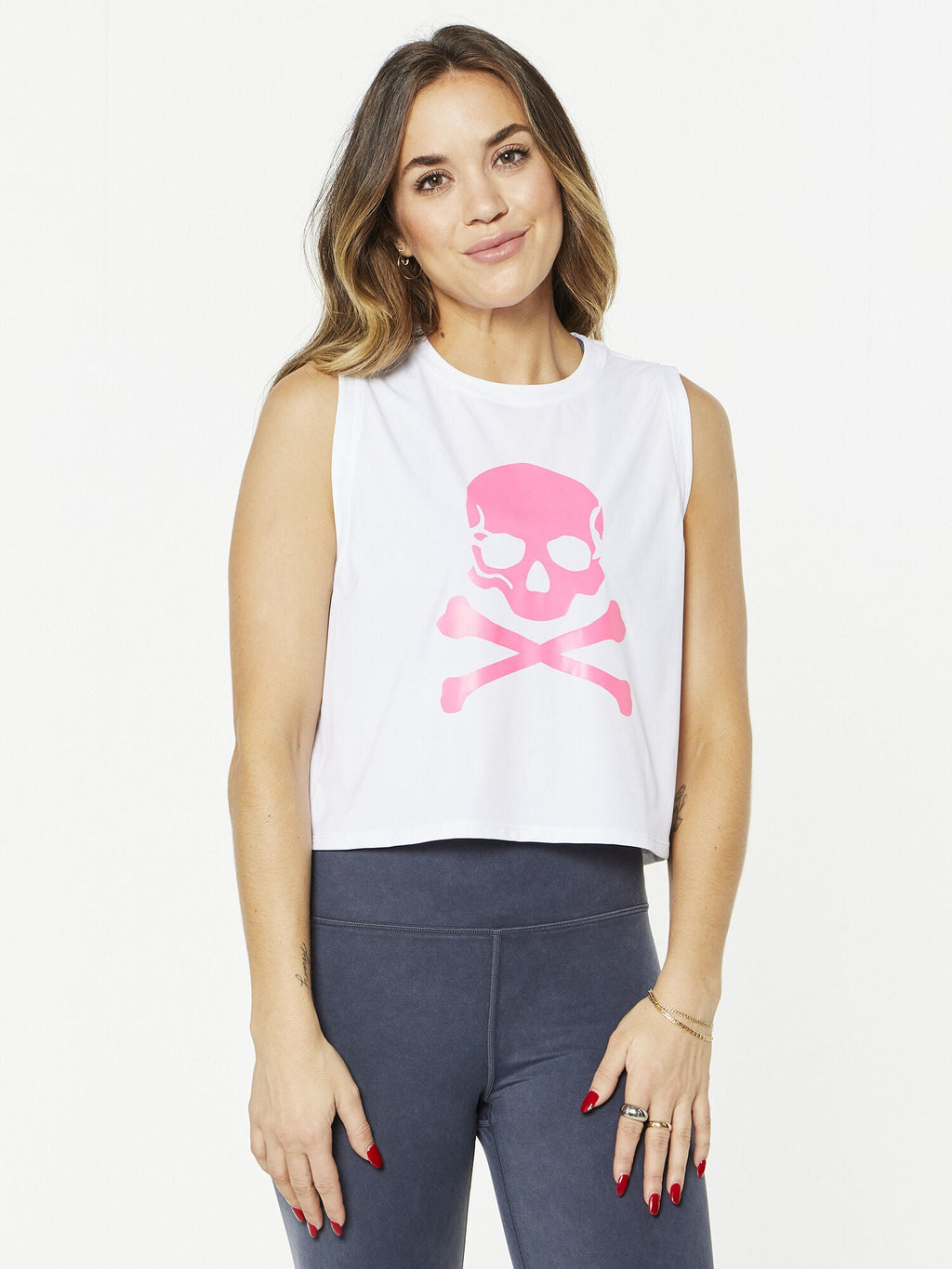 WHITE RENEE TANK PINK SKULL