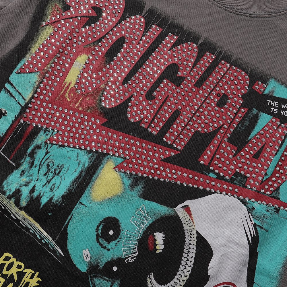 Rough Play Green Mask Dice Rhinestone Graphic T-Shirt