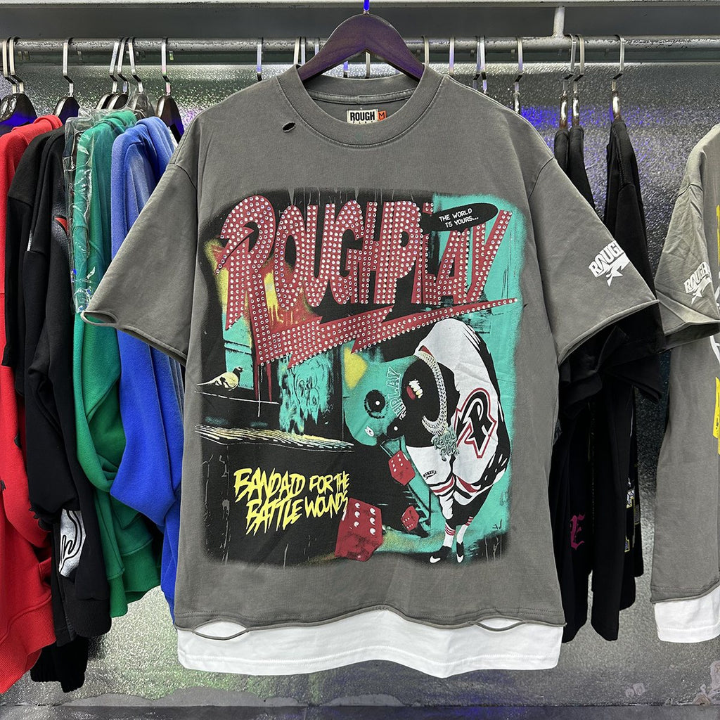 Rough Play Green Mask Dice Rhinestone Graphic T-Shirt