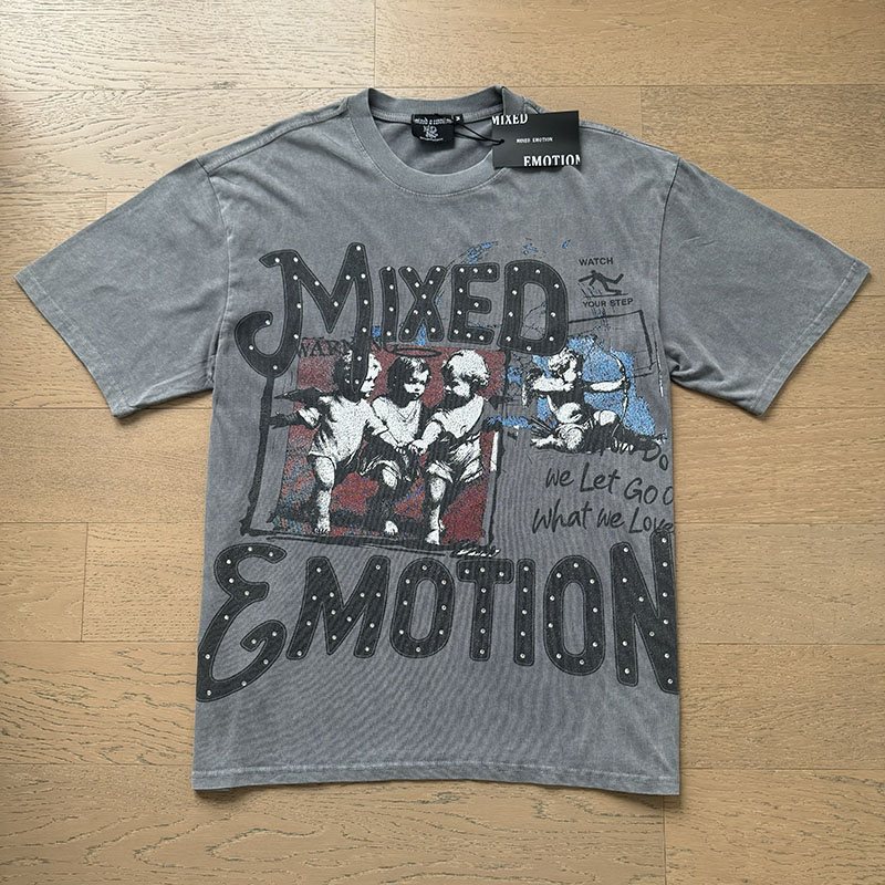 MIXED EMOTION Washed Gray Rhinestone Graphic T-Shirt