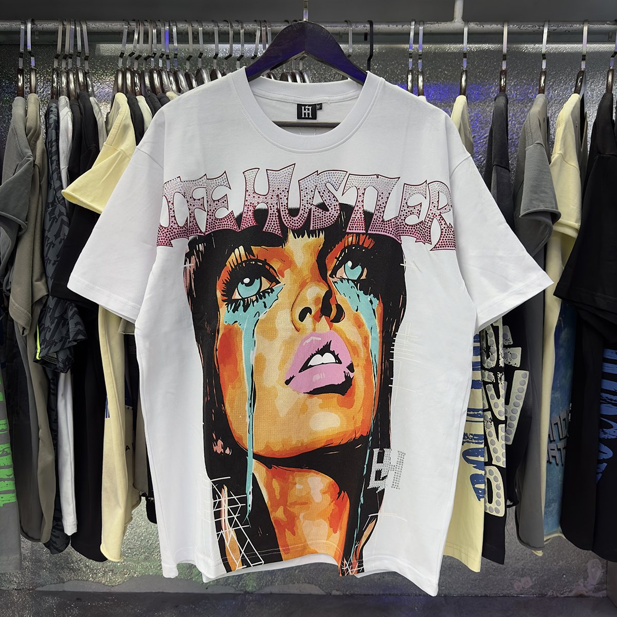 Life Hustlere Crying Woman Rhinestone Graphic T-Shirt