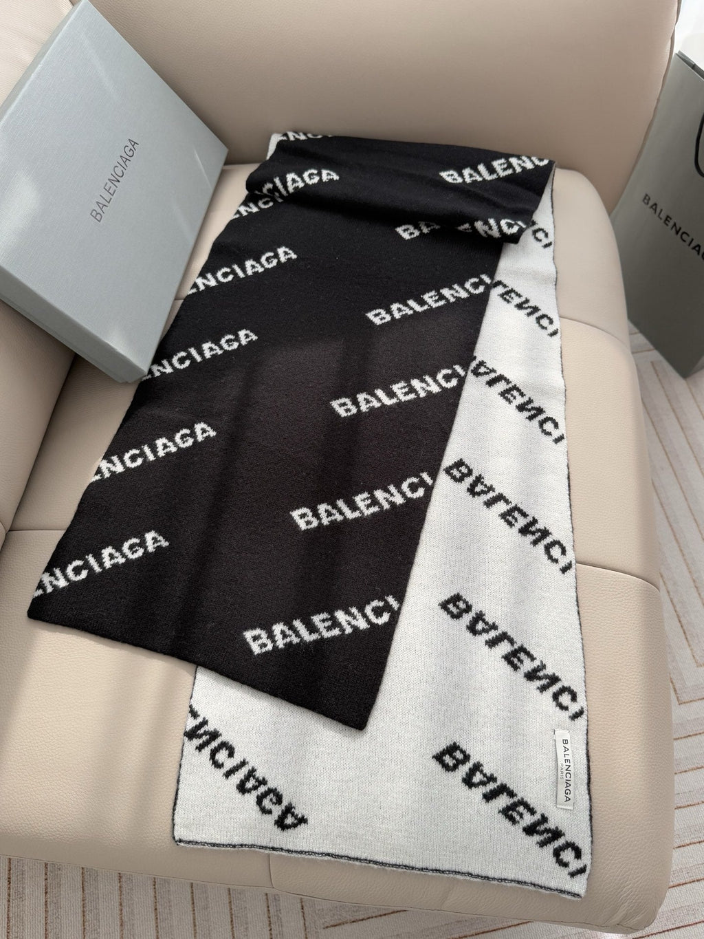 Balenciaga Style Reversible Logo Knit Scarf