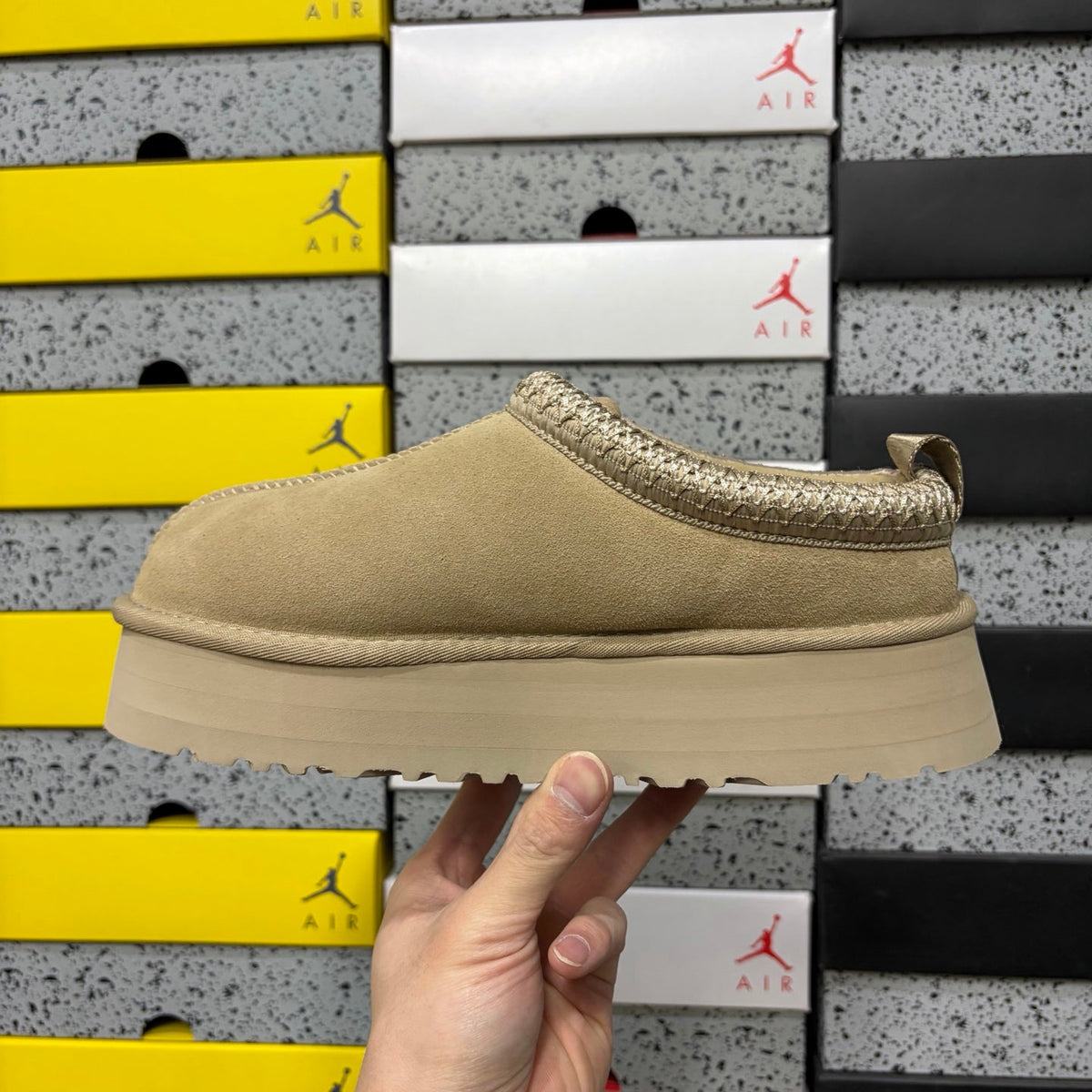 UGG Tazz Platform Slipper – Suede Mule with Shearling Lining, Metallic Braided Collar Trim & Chunky Sugar Sole Platform in Sand