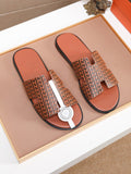 Hermes Brown Patterned H Slide Sandals