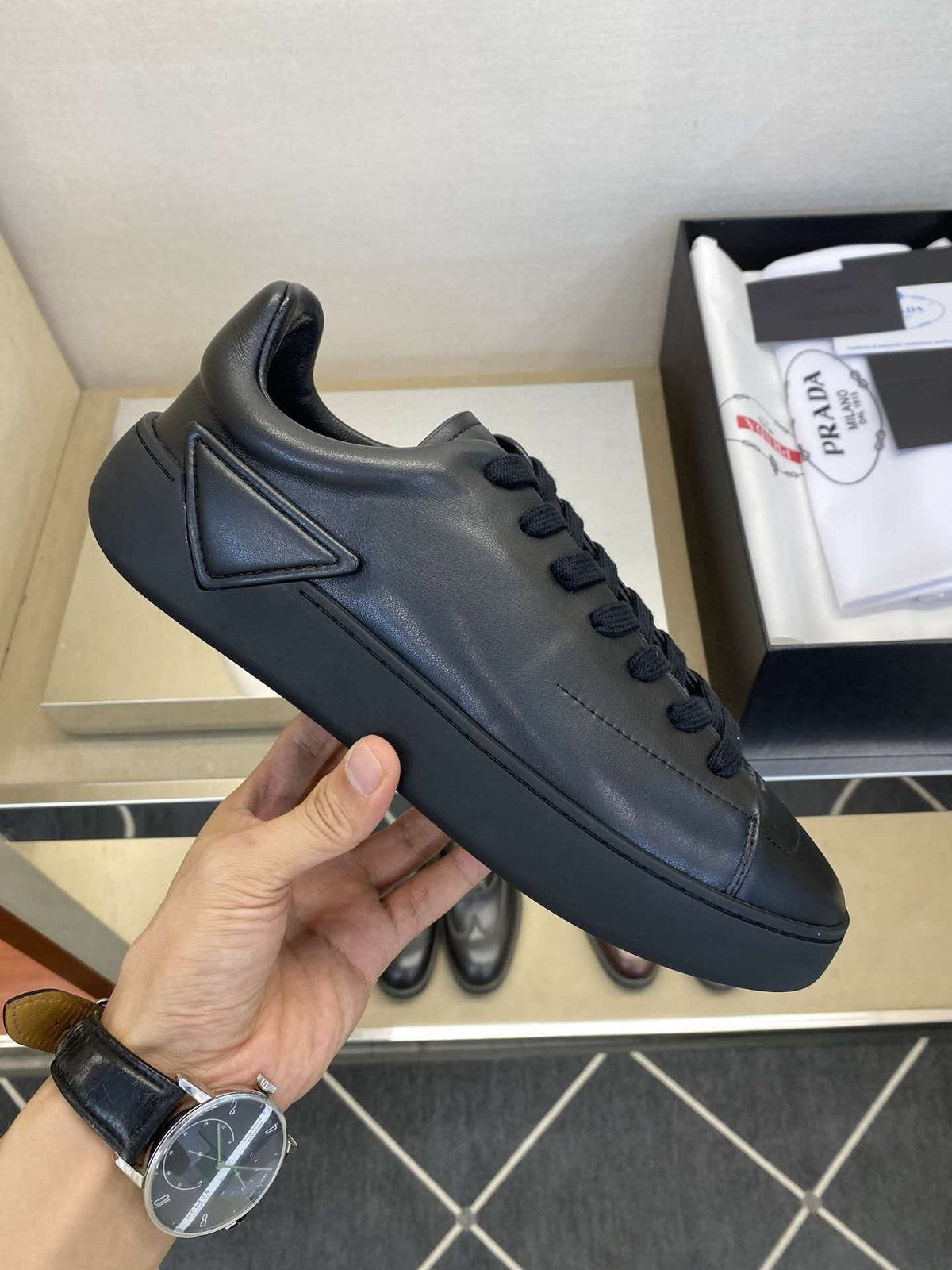 Prada Men's Black Lace-Up Low-Top Sneakers