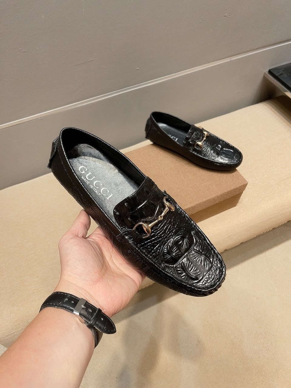 Gucci Black Textured Bit Driving Loafers