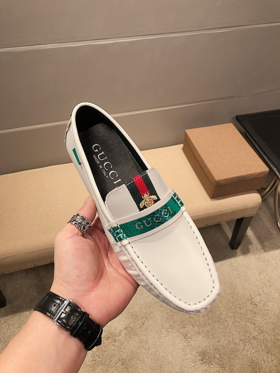 Gucci White Web-Stripe Loafers