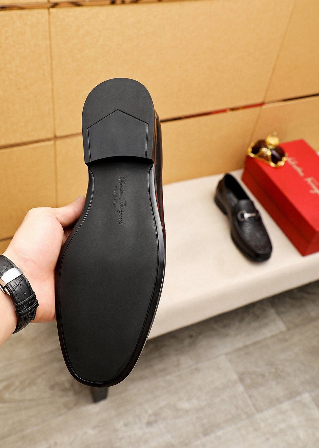 Ferragamo Men's Black Embossed Buckle Loafers - Metal Buckle Detail