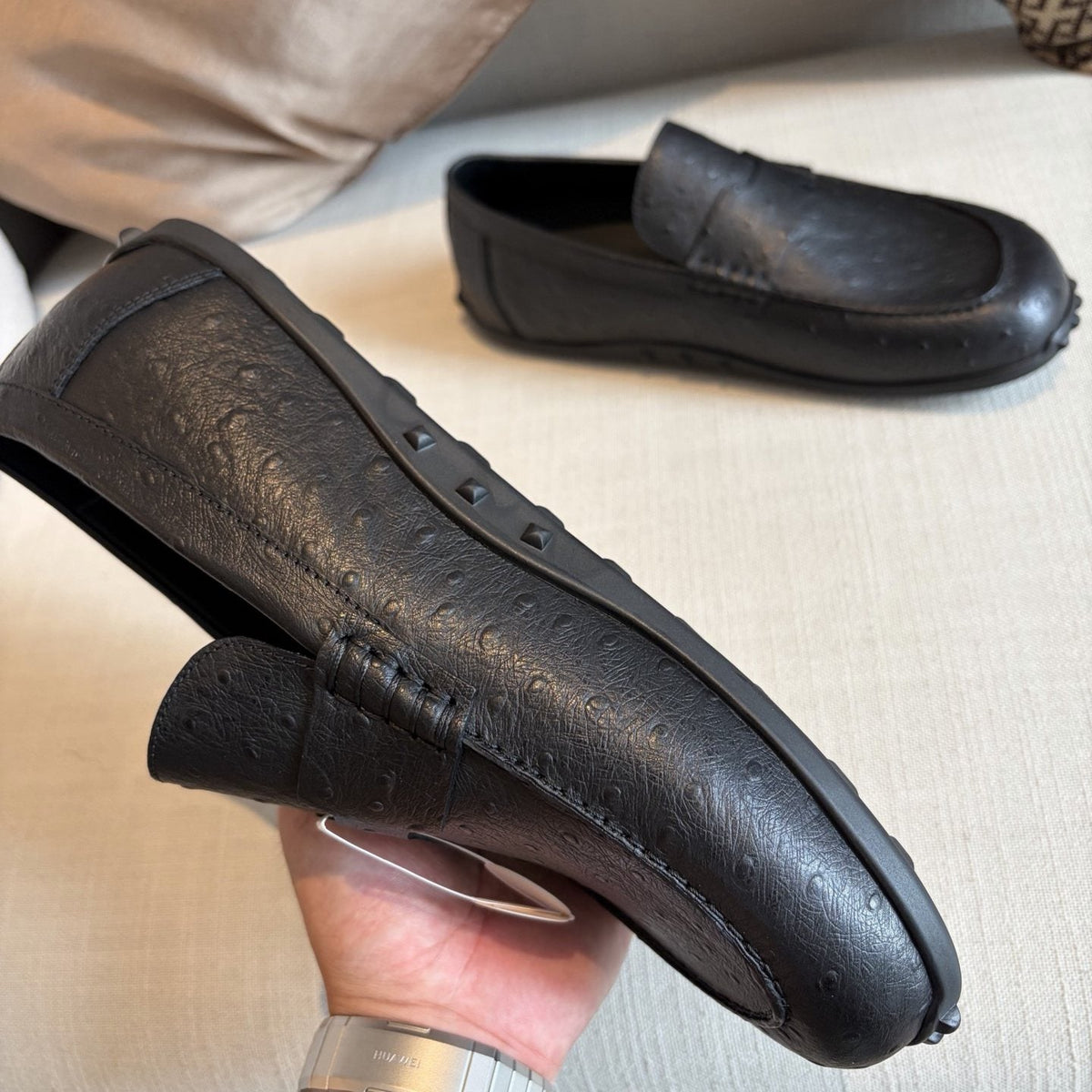 Hermès Textured Studded-Sole Loafers