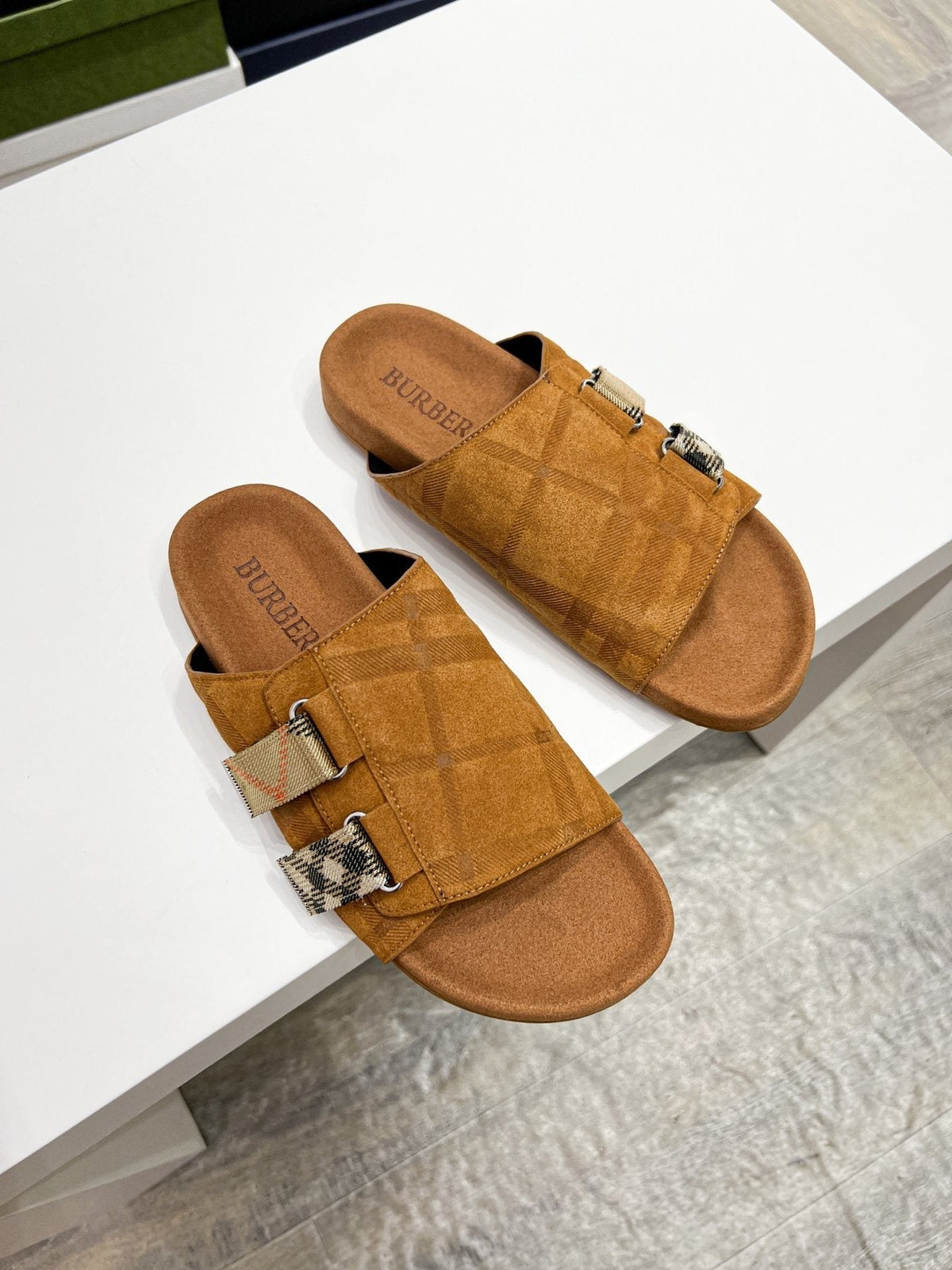 Burberry Navy Check Buckle Slide Sandals